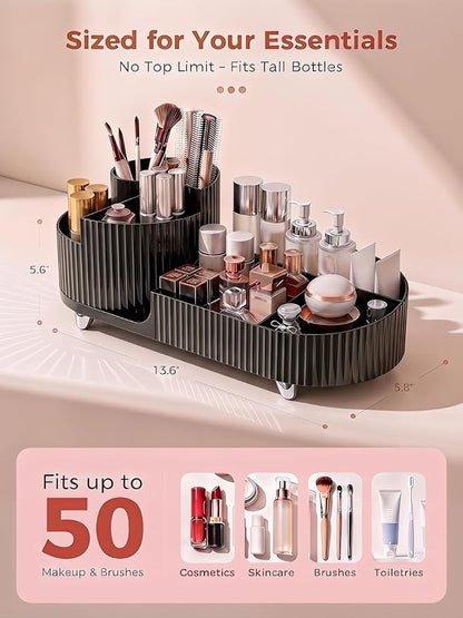 Booklov Rotating Makeup Caddy Organizer for Vanity, Large Capacity Cosmetic Display Case, Countertop Beauty Storage Holder for Skincare, Brush Eyeshadow Lipstick, Counter Desk Organization, Black