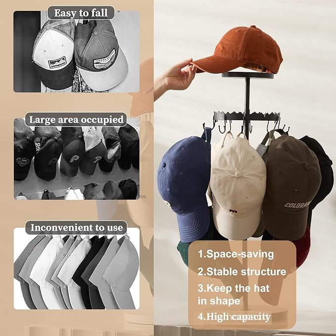 Rotating Hat Organizer for Baseball Caps, 3-Tier Merchandise Display & Tabletop Hat Organizer with Tray Holds 40+ Caps,Hat Stand for Vendor & Home Use in Bedroom, Closet, Dresser, Office