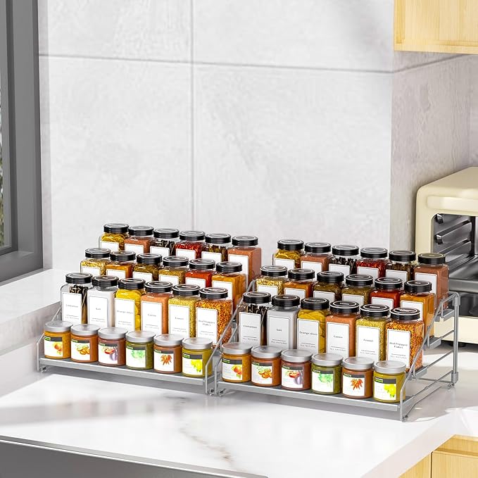 BOIVSHI 4 Tier Spice Rack Organizer for Cabinet, Spice Rack Organizer, Depth Adjustable Spice Organizer for Cabinet, Countertop, Cupboard, Pantry, Seasoning Shelf, Metal, Gray (2 Pack)