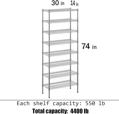 14" Deep x 30" Wide x 74" Height Wire Shelving Kit | 8-Tier | NSF Commercial Storage Rack Unit
