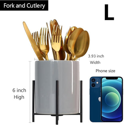Caddy Flatware Caddy Holder Grey Ceramic with metal round frame Store Utensils, Silverware Organize kitchen Countertops and Dining tables(2 pieces 3.14 * 4.6 inch)