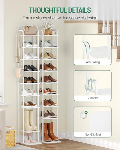 Hzuaneri 10 Tiers Vertical Shoe Rack, Narrow Shoe Tower, Tall Shoes Shelf with 2 Hooks, Adjustable Shelves, Corner Shoes Shelves for Small Spaces, Entryway, Living Room, White SR11213W