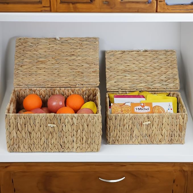 ORDELITE Set of 2 Wicker Basket with Lid, Rectangular Water Hyacinth Storage Baskets for Organizing, Decorative Woven Basket Bins Boxes for Organizing Home