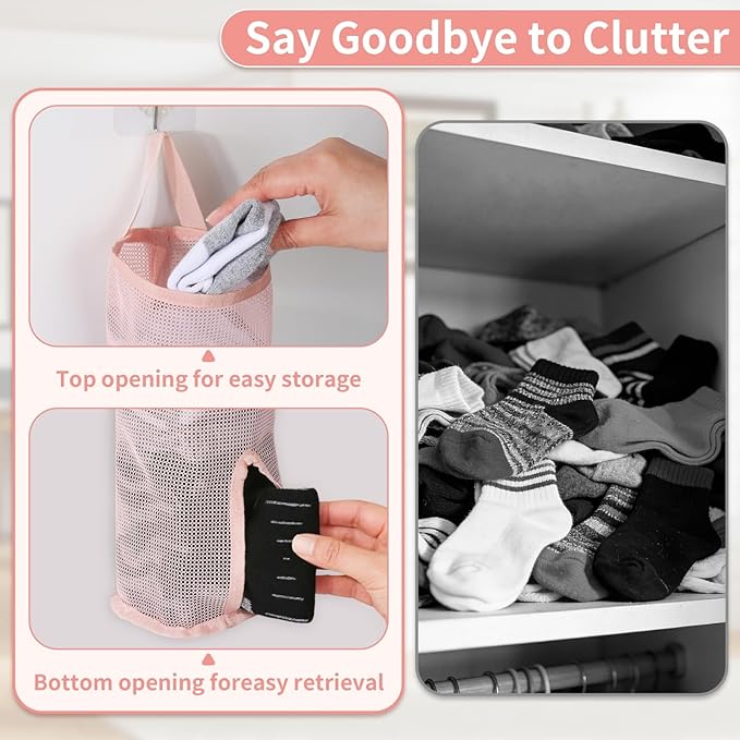 Hanging Sock Storage Bag,Wall Mount Multifunctional Bag,Sock Underwear Organizer,Hanging Closet Organizer,Saver Kitchen Storage Holder for Storing Socks Ties Plastic Bag 3PCS (Pink)