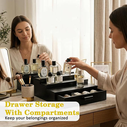3 Tier Cologne Organizer for Men with Drawer – Solid Wood Perfume Stand Organizer, Wooden Cologne Display Shelf for Dresser, Countertop cologne storage Rack, Mens Cologne Holder, Bathroom Vanity Organizer