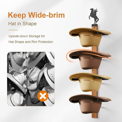 Cowboy Hat Rack, 4 Pieces Hat Rack for Cowboy with Wooden Board, Gift Cowboy Hat Holder Wall Storage-Organizer Western Hats with Style and Ease