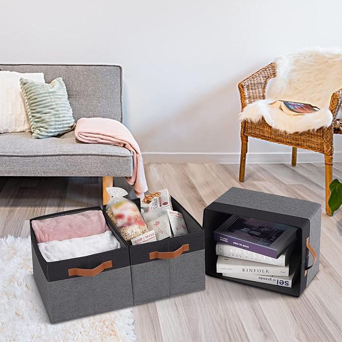Large Fabric Storage Bins, Foldable Fabric Storage Baskets for Shelves, Sturdy Storage Boxes with PU Handles for Organizing Closet Home Bedroom Office (26L, 3 Packs, Grey&Black)