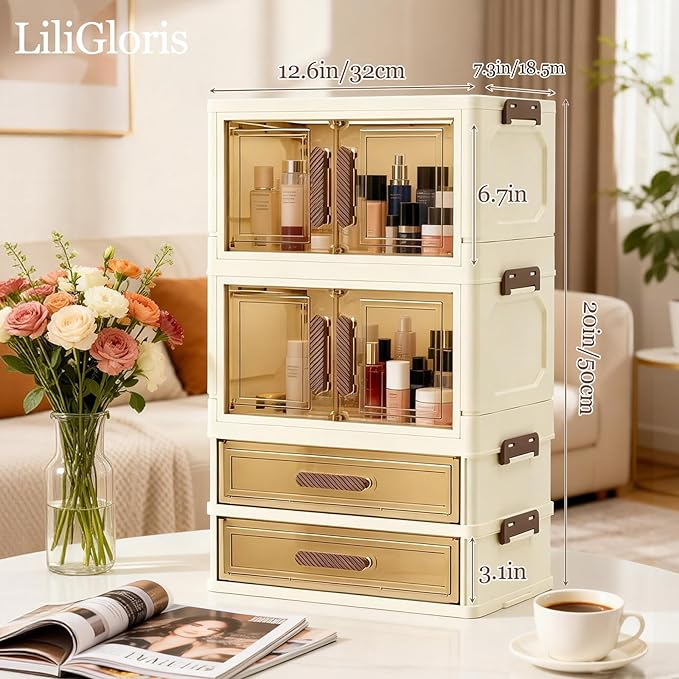 Makeup Organizer with Drawers & Compartments, Modular Stackable Cosmetic Skincare & Jewelry Storage Box, Vanity Organizer with Magnetic Closure for Bathroom, Office, Dorm