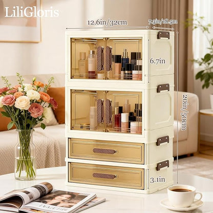 Makeup Organizer with Drawers & Compartments, Modular Stackable Cosmetic Skincare & Jewelry Storage Box, Vanity Organizer with Magnetic Closure for Bathroom, Office, Dorm