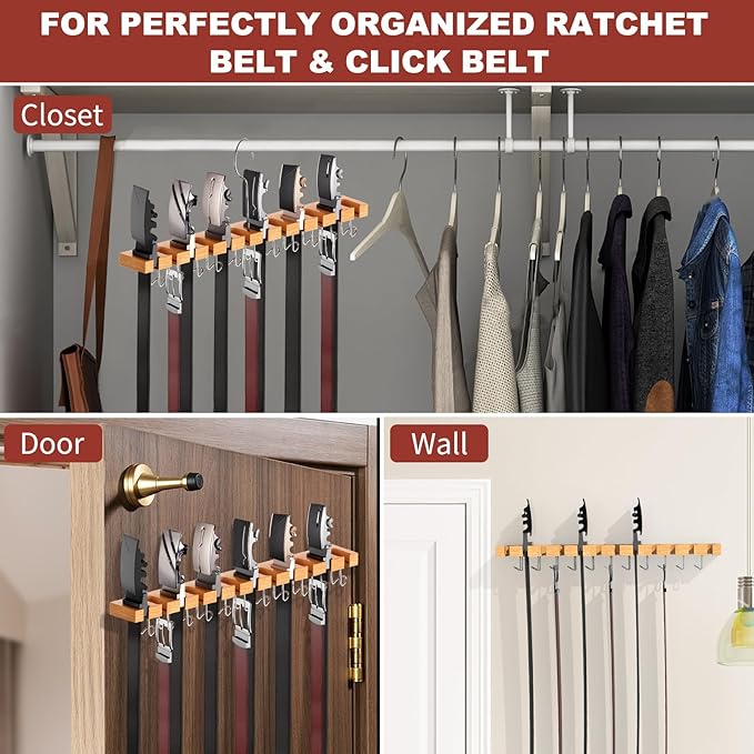 Belt Hanger for Closet Max 42 Belts, 2-in-1 Wall Mount Belt Organizer with 360° Rotating Hooks, Wooden Tie and Belt Rack for Closet Accessories Organizers and Storage, 12+11 Storage