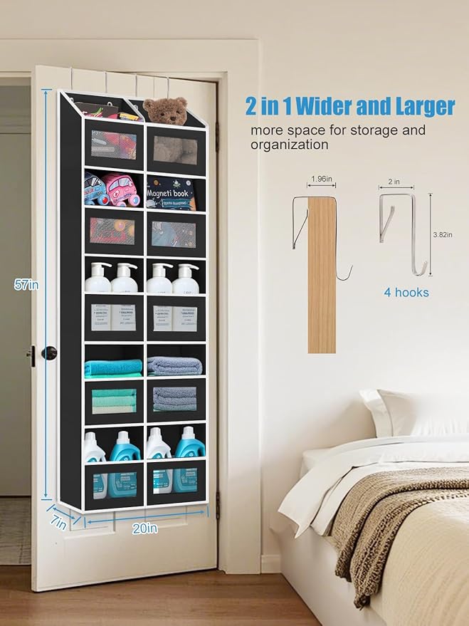 Over the Door Organizer Hanging- 10 Compartments, 80 lbs Load Behind Door Stuffed Animal Storage, Extra Large Toys Storage Organization for Bedroom, Bathroom, Nursery, Shoes, Diaper (black)
