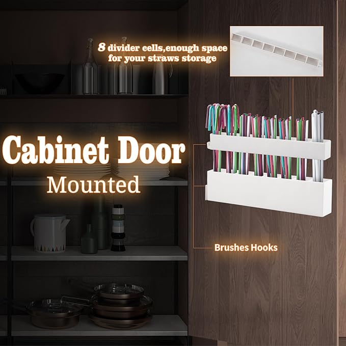 Straw Holder Straw Organizer Reusable Straw Holder Storage for Drinking Straws Cabinet Door Mounted (White)