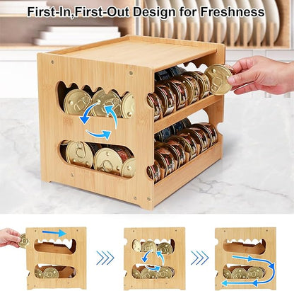 Bamboo Can Organizer for Pantry, 2 Tier Canned Cat Food Organizer for Kitchen Counter, Cat Food Storage Holds up to 36 Cans, Can Rack Organizer for Human and Pet Food Cans, FIFO Design