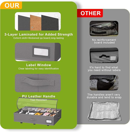 homyfort Under Bed Shoe Storage with Wheels, Fits 24 Pairs, Rolling Shoe Organizer with Bottom Support & Clear Lids, Sturdy Under Bed Storage Box for Shoes, Set of 2, Grey
