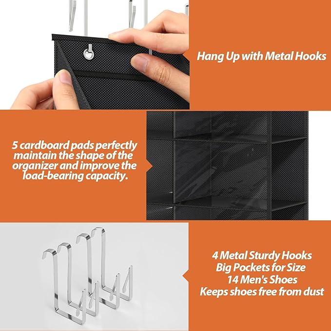 Shoe Rack 1-Pack, over-the-Door Organizer with 10 Tiers, 20 Deep Mesh Pockets, Side-Open Storage, 4 Metal Hooks, Space-Saving Hanging Shoe Organizer for Closet or Kitchen