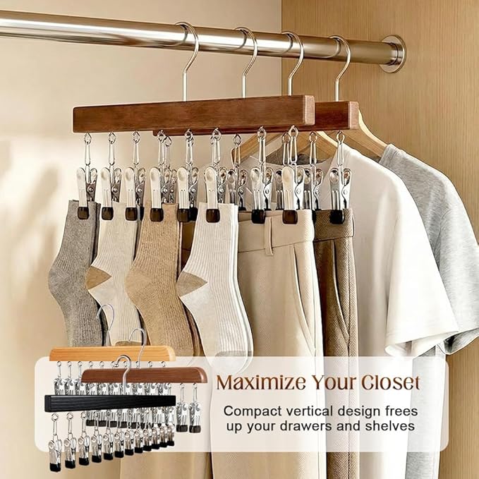 Closet Organizer with 10 Clips, Space Saving Hanging Closet Organizer, Legging Hanger for Closet Organizer with 10 Clip for Storing Jeans, Legging, Shorts (Black+Wood-12 Clips, 2PCS)