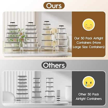 KEMETHY 50 PCS Food Storage Containers with Lids Airtight, Total 629oz, BPA-free, Food-grade, Eco-friendly Material, Leak Proof Plastic Containers, Microwave/Dishwasher Safe