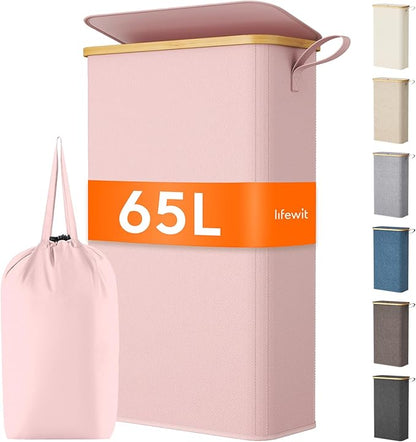 Lifewit 65L Slim Laundry Hamper with Lid, Narrow Laundry Basket with Removable Bag & Bamboo Handles, Fodable Thin Dirty Clothes Hamper for Laundry Collapsible Bin for Bathroom Bedroom Dorm, Pink