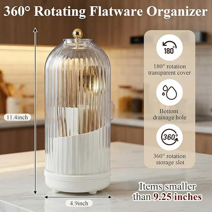 2 Pack 360° Rotating Silverware Organizer, Utensil Holder with Lid for Kitchen Counter, Silverware Caddy with Drainage Dustproof Flatware Holder for Cutlery Spoon Fork Storage, White(3 Slot)