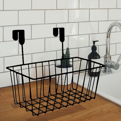 Over Cabinet Door Organizer Basket Grid Storage Baskets with Hooks Decorations Iron Metal Hanging Basket for, Black