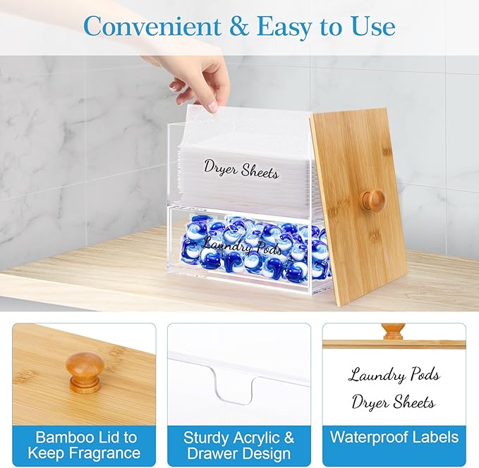 JYPS 1+1 Acrylic Dryer Sheet Holder with Drawer and Bamboo Lid, Clear Acrylic Large-Capacity Laundry Pods Container, Scent Boosters & Powder, Laundry Room Organization decor, Storage Jars Set