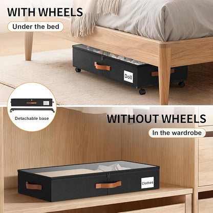 Under Bed Storage Containers with Wheels Large Underbed Shoes Blankets Clothes Toy Storage Drawers for College Dorms Bedrooms Nursery Rooms Organization (Black 2 Pack, 6.6in height(30.3"x15.7"x6.6"))