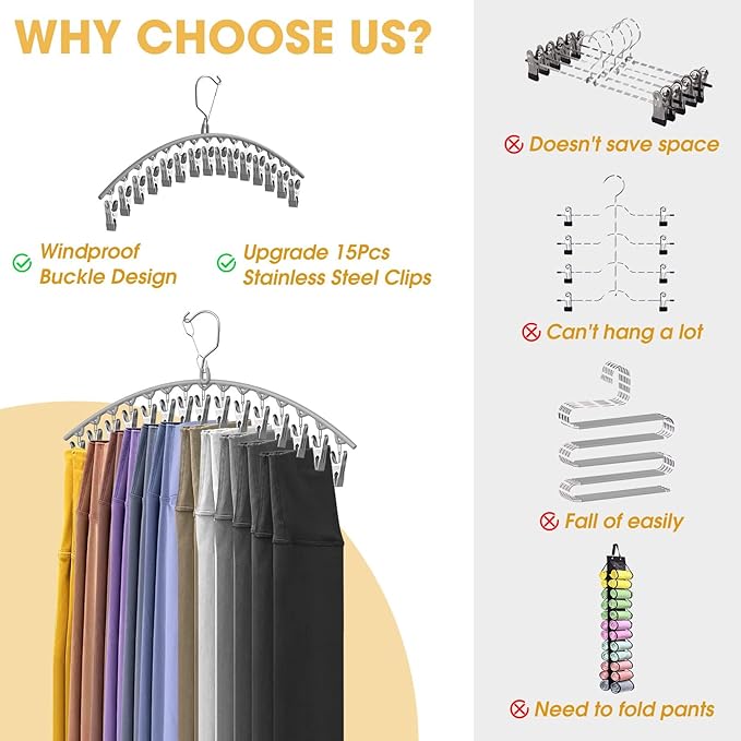 Upgrade Skirt Pants Hangers with Clips, Metal Legging Organizer for Closet with 15 Cilps Holds 60 Leggings/Shorts/Jeans/Skirts Pants Hangers Space Saving Closet Organizers and Storage, Grey 4Pack