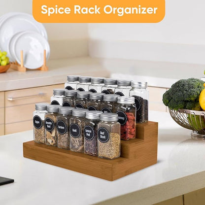 Bamboo Spice Rack Organizer for Cabinet 2 Pack - 3 Tier Countertop Step Shelf, Seasoning Storage Stand for Kitchen Pantry, Spice Holder for Jars Bottles Cans (Brown)