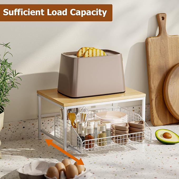 KLM Pull Out Spice Rack Organizer for Cabinet,Rustic Wood Top with Wire Basket Storage,Kitchen Countertop Organizer and Storage for Pantry, Counter top,Coffee Station Wood. (Natural)