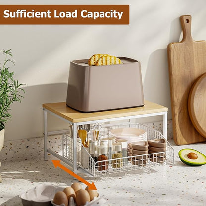 KLM Pull Out Spice Rack Organizer for Cabinet,Rustic Wood Top with Wire Basket Storage,Kitchen Countertop Organizer and Storage for Pantry, Counter top,Coffee Station Wood. (Natural)