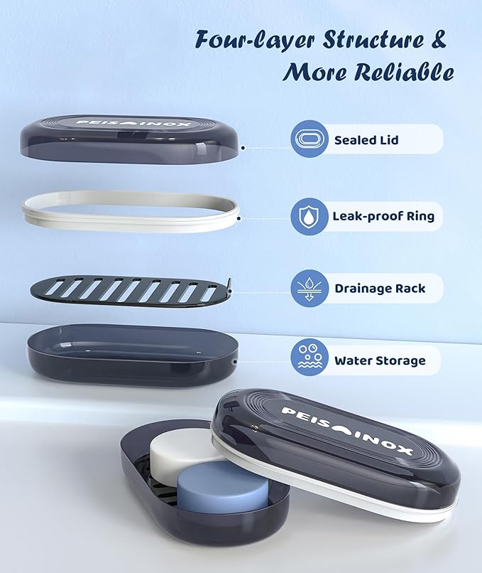 Doter Leakproof Travel Soap Dish with Lid - Draining Soap Bar Holder for Bathroom, Shower, Gym, School, Camping, Vacation, Outdoor