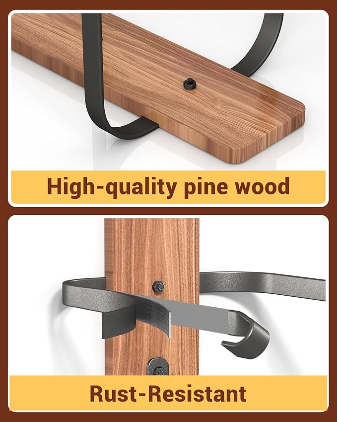 Midukit Cowboy Hat Rack for Wall, Cowboy Hat Holder for 4 with Hooks,Wooden Rustic Metal Hanger for Wall with Pine Board,Western Baseball Hat Rack Holder for Fedora, Sun Hats (4 Hats)