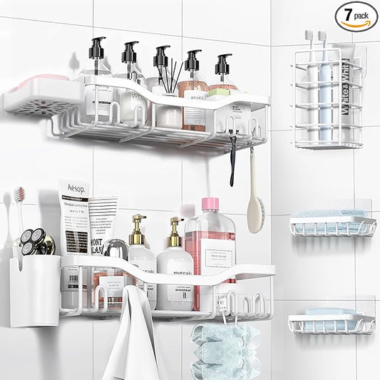 NESOMI Shower Caddy Adhesive Shower Organizer 7-Pack, Rustproof Stainless Steel Bathroom Shelves, Large Capacity No-Drill Rack Storage Accessories with Soap Dish Toothbrush Holder Hooks