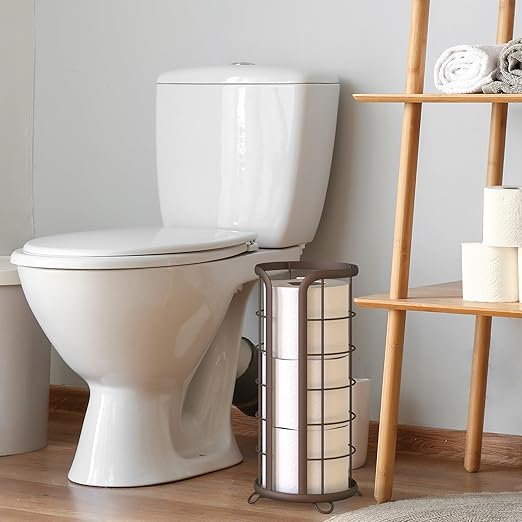 BROOKSTONE Toilet Paper Holder Stand Reserve - Free Standing Toilet Paper Stand with Storage that Holds Mega Rolls, Standing Bathroom Tissue Organizer, Bathroom Decor - Modern Storage Holder, Bronze