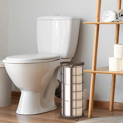 BROOKSTONE Toilet Paper Holder Stand Reserve - Free Standing Toilet Paper Stand with Storage that Holds Mega Rolls, Standing Bathroom Tissue Organizer, Bathroom Decor - Modern Storage Holder, Bronze