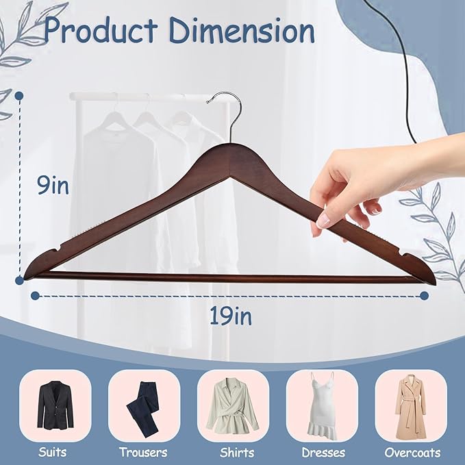 King Mills 19 Inch Plus Size Hangers, Extra Wide Hangers for Plus Size Clothes, Ganchos para Colgar Ropa, Ideal for XL, XXL Shirts, Coats, Dresses, Etc. Wood. Walnut 20pk