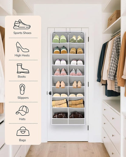 ULG Over The Door Shoe Organizer with 16 Large Pockets, Hanging Shoe Rack for Closet Door, Space Saving Shoe Storage for Boots, Heels & Sneakers,Grey