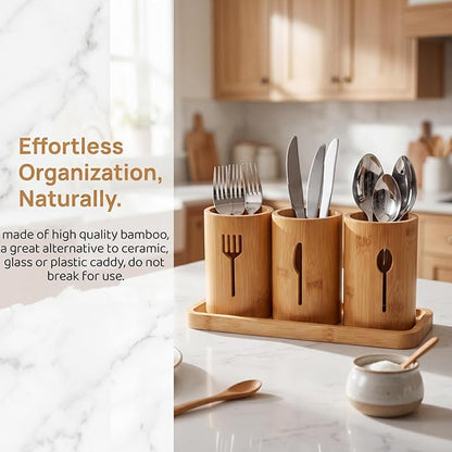 Lyellfe Silverware Holder, Bamboo Utensil Organizer with Tray, Kitchen Cutlery Flatware Holder Organizer for Spoons, Knives and Forks, Ideal for Kitchen and Restaurant