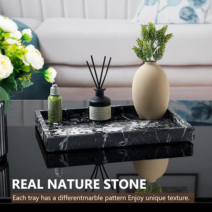 Real Natural Marble Tray for Bathroom, Vanity, Kitchen and Desktop, Rectangle Genuine Marble Stone Tray for Jewelry, Cosmetics, Candles, Lotion, Perfume and Home Decor (Black)