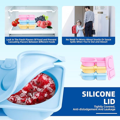 3 Pack Silicone Reusable Snack Containers with Lids, Double Compartment Snackle Box Containers, Salad Dressing Sauce Seasoning Container, Small Mini Food Snack Boxs for Travel, Office, Picnic