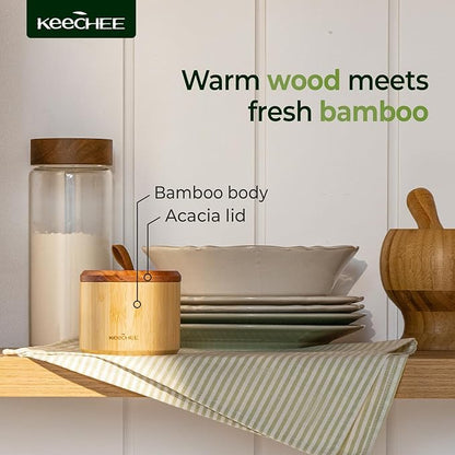 keechee Bamboo Salt Cellar with Acacia Lid & Spoon, 7.7oz Capacity with Built-In Spoon Slot & Labels, Two-Tone Countertop Seasoning Container (Single Compartment - 1 Pack)