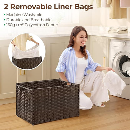 GREENSTELL Storage Basket with Lid, 27.7 Gallon(105L) Lagre Wicker Blanket Storage Basket with Handles, Foldable, 2 Removable Liner Bags, Metal Frame, for Bedroom, Laundry Room, Brown
