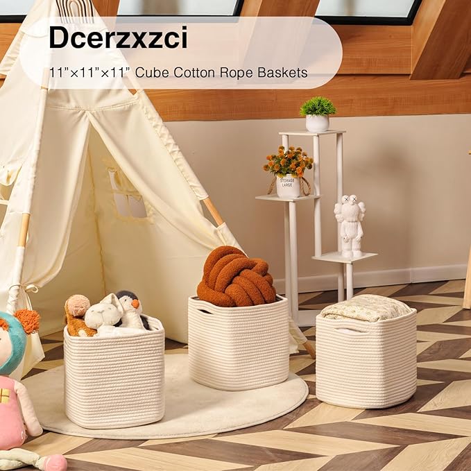 11 Inch Cube Storage Bins, 11x11 Cube Storage Bins for Cube Organizer, Square Cloth Storage Cubes, Woven Storage Baskets for Shelves, Toy Rope Baskets Storage Kids, Off White (Pack of 3)