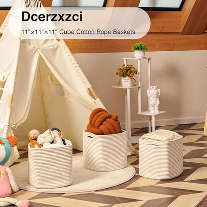 11 Inch Cube Storage Bins, 11x11 Cube Storage Bins for Cube Organizer, Square Cloth Storage Cubes, Woven Storage Baskets for Shelves, Toy Rope Baskets Storage Kids, Off White (Pack of 3)