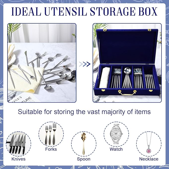 Pickmesh Silverware Case with Lid and Handle, Silverware Storage Box Sterling Silver Flatware Chest Without Silver Tarnish Proof Utensils Organizer for Kitchen Decor Wedding Gifts(Royal Blue,1 Layer)