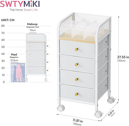 SWTYMIKI Rolling Makeup Organizer Cart - Under Desk Vanity Makeup Storage with 4 Non-woven Drawers, Nail Cart Organizer Cosmetic Display Cases Cabinet for Skin Care Perfume Nail Polish Brush Hair Tool