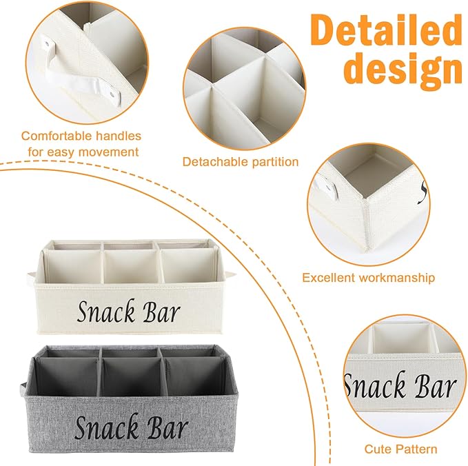 Snack Organizer for Countertop, 2 Pack Fabric Snack Container with Handles, 6 Compartment Snack Box Container Snack Basket, Snack Bar Station Decor, Kitchen Pantry Organizer and Storage