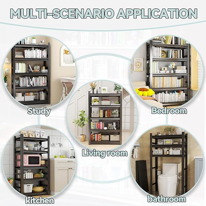 5 Tier Garage Shelving Wood Storage Shelves 600 lb Load Capacity 63" H*20" W*14" D Metal Shelving Suitable for Garage Kitchen Pantry,Black