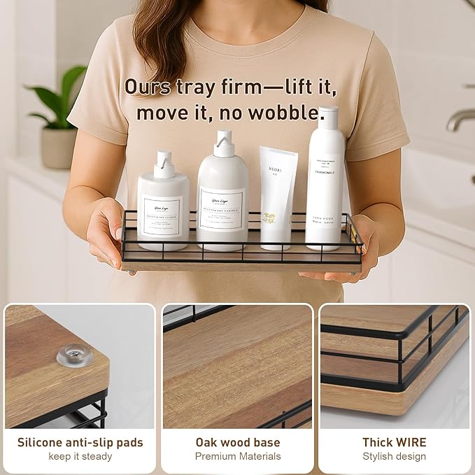 Toilet Paper Basket Organizer – Acacia Wood Toilet Tank Tray with Metal Frame, Bathroom Counter Top Storage for Toilet Paper, Wipes & Decor, Modern Narrow Back of Tank Shelf Organizer, Black & Acacia