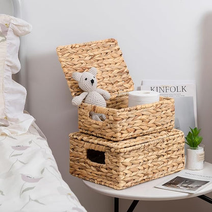 Wicker Storage Baskets, Hand-Woven Rectangular Wicker Basket with Lid for Bedroom & Living Room, Nesting Rattan Basket for Shelves (Water Hyacinth, 3-Pack)